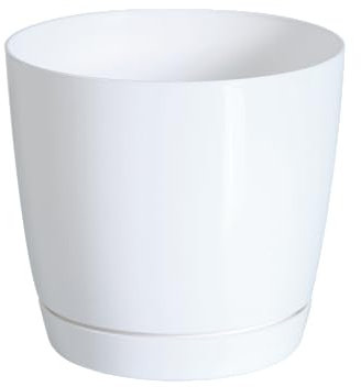 DIKEL Pot de fleurs - Diamètre : 24 cm - Hauteur : 22 cm - Pot de fleurs en plastique avec surface brillante - Pot de fleurs au style minimaliste moderne pour un intérieur élégant - Blanc