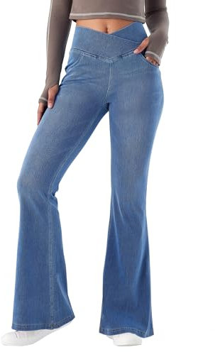 LaiEr Damen V Crossover Hohe Taille Bauchkontrolle Casual Fitness Skinny Yoga Hosen, Faux Denim Print Frauen Bootcut Yoga Hosen, ausgestellte Fitness Hosen mit Seitentaschen(Blau S)