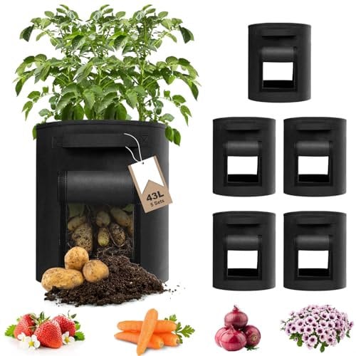 YTACREA Bolsa de Cultivo para Plantas, 5 Piezas 43L (11 Galones) Bolsas para Plantar Patatas - con Ventana y Tirador, Maceta de Tela Cultivo de Patatas para Papas Tomates Fresas, Negro