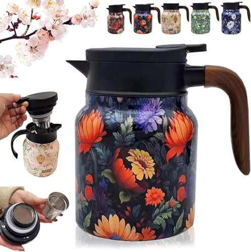Vintage Floral Pattern Tea Thermo - Built-in Infuser, Tea Thermo with Infuser, Insulated Tea Pots, 1 L Stainless Steel Thermal Teapot (Orange)