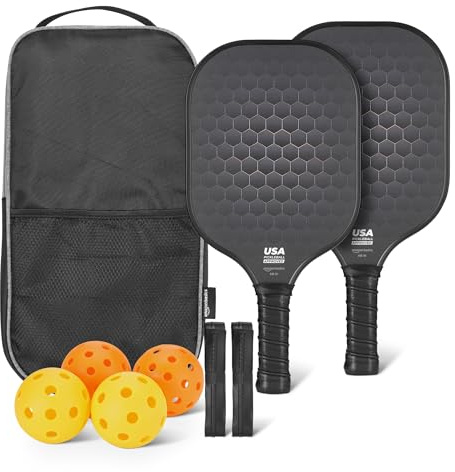 Amazon Basics Set de 2 Palas de Pickleball Aprobadas por USAPA con Marco de Vidrio, 4 Pelotas y 2 Grips, Negro Stealth