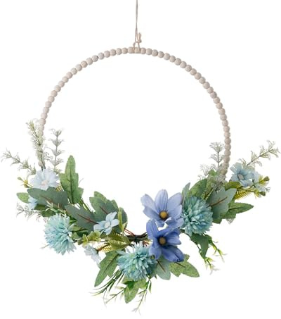 Türkranz Sommer, Künstliche Türkranz Kosmos Kamelie Kranz 40 cm/16 Zoll Grüner Türkranz Blauer Wandkranz Türkranz Ganzjährig für Haustür