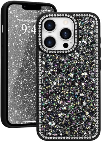 Ethanger Glitter Rhinestone Crystal Case for iPhone 13 pro max, Black | Glamorous Sparkling Back, Aesthetic Bling Diamond Cover, for Women Girls, Shockproof Protective Phone Case