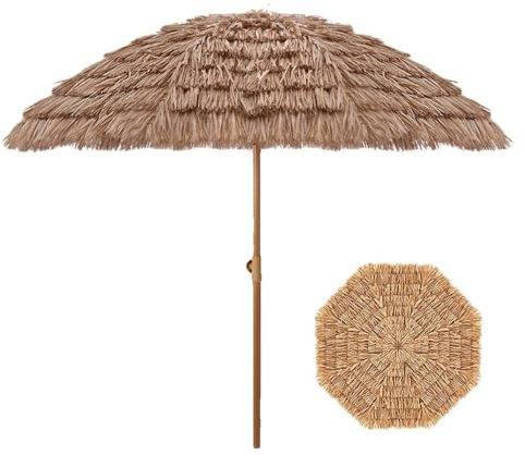 YCBTPS 2,4m 3,0m Parasol Paille, Parasol Inclinable Hawaii avec 8 Baleines, Tube en Acier Laqué Couleur Bois, Naturel Parasol De Plage Jardin Patio(1.6m/5.2ft)