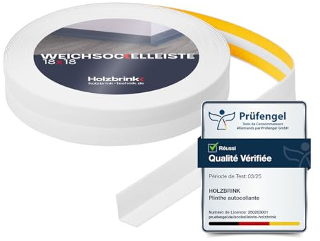 HOLZBRINK Plinthe souple autoadhésive 18x18mm, 100 m (4x25m) | Plinthe PVC pour jonction plan de travail, bande joint salle de bain | Lame PVC adhesive | Couleur: Blanche