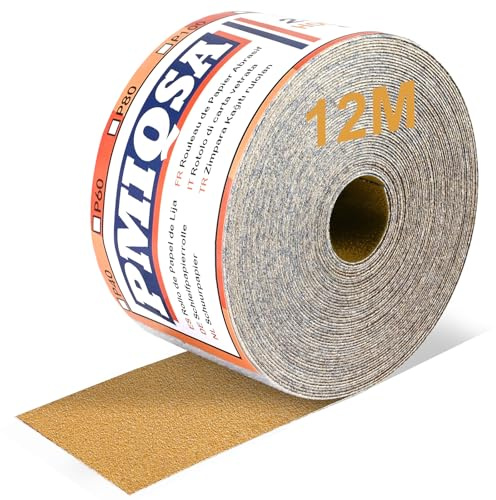 PMIQSA Rouleau De Papier Abrasif Auto-Agrippant Grain 80, 70 mm x 12 m | Papier De Verre Quartz pour Le Bois, Le MéTal, La Peinture, Le PlâTre pour Ponceuses Vibrantes et Manuelles