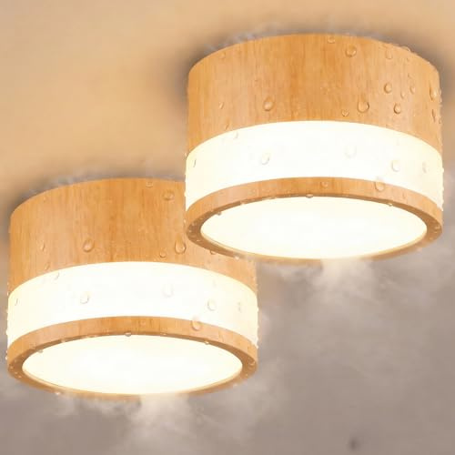 2er Aufbauspot mit Holzoptik, IP44 Wasserdichte für Badezimmer Küchen, Eiche LED Deckenspot Warmweiß für Wohnzimmer Flur, 12W 1100LM Aufbaustrahler Flach, Deckenlampe Aufputz 230V Feuchtraum, Rund