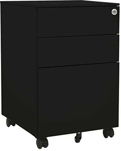 QJBSAVVA Aktenschrank Schwarz 39x45x60 cm Rollcontainer mit 3 Schubladen abschließbar Metall Büroschrank mit Rollen Modernes Design für Büro Homeoffice und Arbeitszimmer