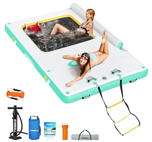 Inflatable Floating Dock, 8x6FT Inflatable Dock Floating Platform with Mesh, Non-Slip EVA Platform and Rope Ladder, Inflatable Water Floating Dock Island Raft for Boats, Pool, Lake, Beach, Ocean-Green