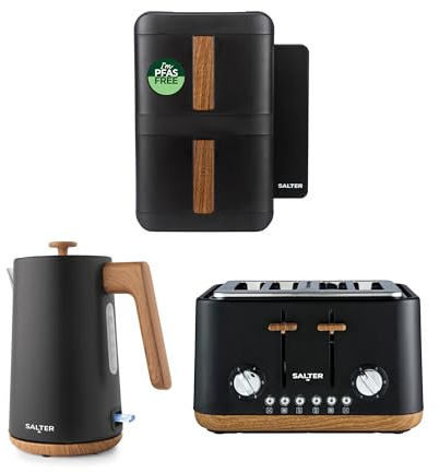 Salter Toronto Kettle, Toaster & Air Fryer – 1.7L Rapid Boil 3kW Kettle, 4-Slice Toaster with 6 Browning Levels, VertiCook Ultra Stackable 9 Litre Air Fryer, Cook on 4 Levels, 2 x 4.5L Baskets, Black