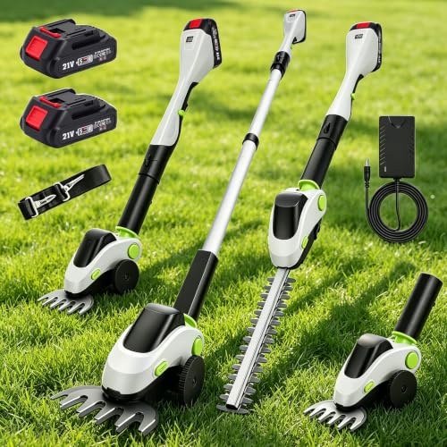 Cortasetos y podadora de pértiga telescópica inalámbrica 4 en 1 con 2 baterías, Cortasetos de pértiga con extensión de hasta 1,4 m, Cabezal de Corte Ajustable en ángulo de 11 Posiciones 2 Cuchillas