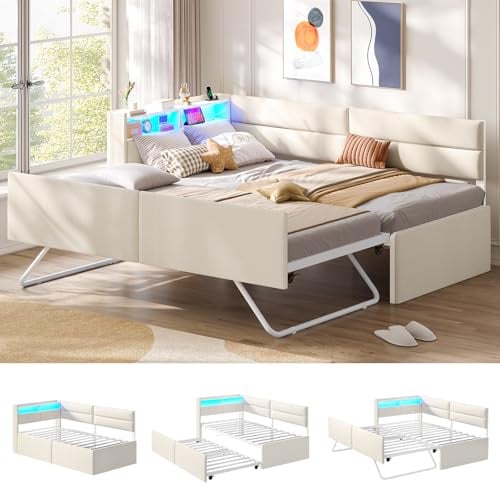 AOGLLATI Ausziehbares Schlafsofa 90/180×200 cm, Tagesbett mit LED-Beleuchtung & Ladestation, Polsterbett mit Ausziehbares Rollbett & Stauraum Kopfteil, Einzelbett 90×200, Leinen, Beige (ohne Matratze)