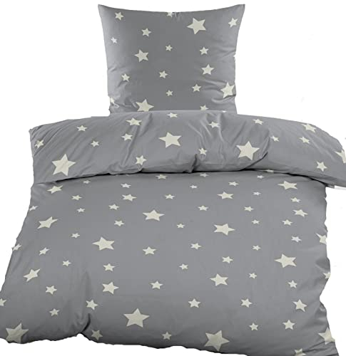 KH-Haushaltshandel Biber Winter Bettwäsche 135x200 + 80x80cm, grau, Sterne, Baumwoll Mischgewebe (40133)