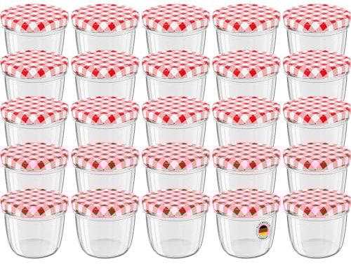 WELLGRO 25x Einmachgläser mit Schraubdeckel, 230 ml Einmachglas Klein, Marmeladengläser Rot Karierte, Kleine Gläser mit Deckel To 82, Einweckgläser Made in Germany, Schraubgläser Stückzahl: 25 Stück
