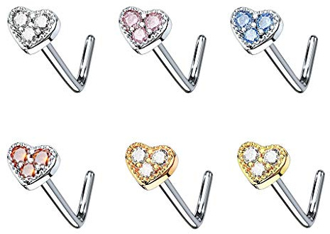 beyoutifulthings Nasen-Piercing Herz ZIRKONIA 4mm Set Nasen-Ring Nasen-Stecker L-Form Chirurgenstahl Multicolor Stab-Länge 6mm