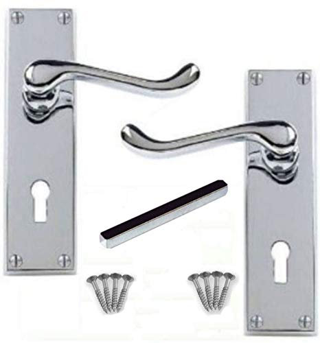 Golden Grace Victorian Scroll Door Handles Lever Lock in Polished Chrome Finish - 150mm x 40mm