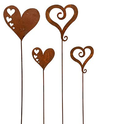 Herz, Herzen; Metall, Rost; 4 Stück; 2 Modelle und Größen; Gartenstecker, Beetstecker, Blumenstecker