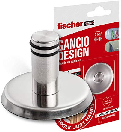 Fischer Design NTJH Haken, belastbar bis 3 kg, selbstklebender Haken aus Edelstahl mit rutschfesten Ringen, ideal für Handtücher, Geschirrtücher, Kleidung, Küche und Badezimmer, 552164