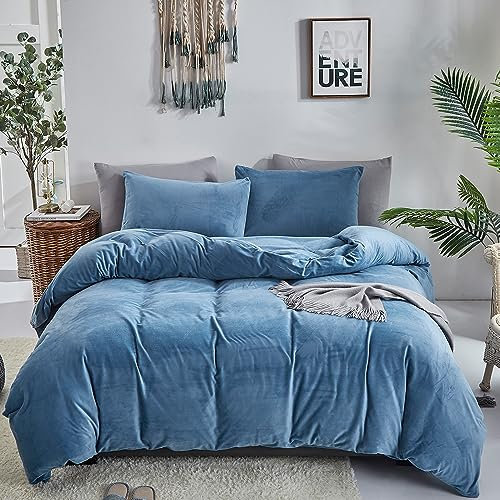 CLOTHKNOW Blaue flauschige Bettbezug-Sets Queen-Samt Flanell Bettwäsche-Sets voll weich blau Tröster Bettbezug Set Jungen Mädchen Bettwäsche Set Micromink Sherpa Fuzzy Quiltbezüge