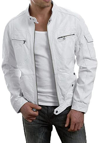 HiFacon Herren Lederjacke aus echtem Leder, Vintage-Stil, Lammfell-Optik, Weiß, Weiß – Echtlederjacke, X-Groß