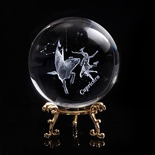 VVW&LIU 3D-Gravur Zodiac Capricornus Constellations Balls K9 Crystal Magic Globe Living Room Dekorative Sphäre, Kugel mit Goldsockel, 8 cm