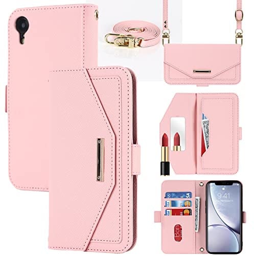 Cavor Case compatible with iPhone XR Phone Case With Strap,Crossbody Flip Leather Wallet Case,[5 Card Holder][Mirror][Magnetic],Lanyard Case Cover for women - Pink