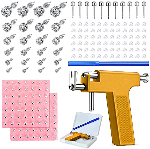 Longbeauty 248 PStk Ohrloch Stecher Ohrlochpistole Kit Edelstahl Piercing Pistole mit Ohrsteckern Körperpiercing Werkzeugset für Nase Lippe Septum Ohr, Gelb