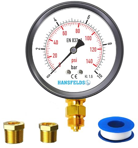 Hansfelds Trocken manometer,Trocken, 0-10 bar 63mm BSP, Unterer Anschluss, Glasfenster, Messing-Innenleben und Anschluss, Doppelskala bar/psi