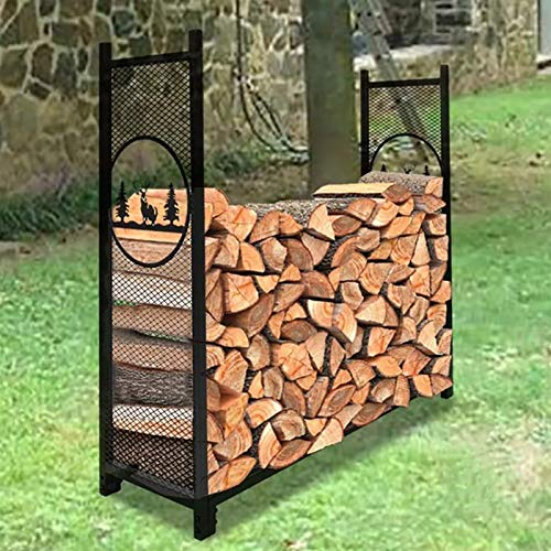 Großer Kaminholzhalter, 120 x 38 x 118 cm, robustes Schmiedeeisen-Holzregal für Kamin, Holzofen, drinnen und draußen, Schwarz