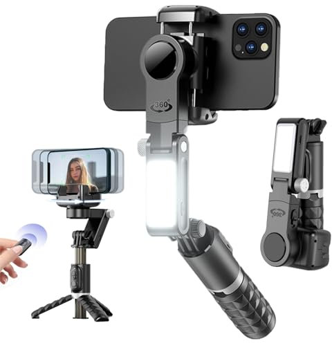 Bauzrryi Gimbal Stabilizzatore Smartphone, Stabilizzatore Selfie Stick Treppiede con Bilanciamento Automatico, Gimbal Stabilizzatore Portatile con Telecomando e Luce di Riempimento, Rotazione 360°