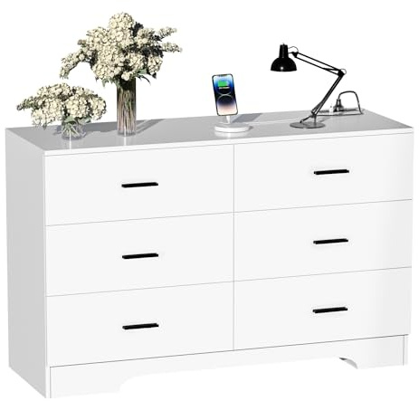 FJTJBSI Dresser with Power Outlets Wooden 6 Drawer Dresser with USB and Type C Port Chest of Drawers for Bedroom Tall White Storage Organizer for Living Room Hallway Closet