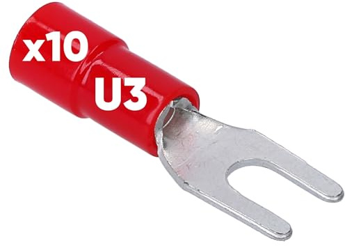 Kalitec 10x Gabelkabelschuhe 0,5-1,5mm² - Rot Teilisoliert U3 - Kabelschuh | Teilisolierte Quetschverbinder aus Kupfer für KFZ, Garten und Elektro - AWG 20-16 Quetschschuhe mit PVC Kragen - UL-gelistet