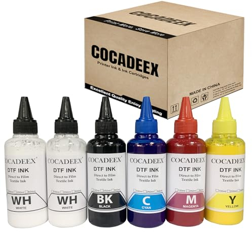 COCADEEX 600 ml DTF Tinte kompatibel mit Epson ET-8550 ET-8500 ET-2800 ET-2803 ET-2850 XP-15000 R1390 R2400 1400 1430 L1800 L800 Drucker-Wärmeübertragungstinte für reine Baumwolltücher 100 ml. 6 Stück