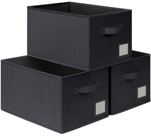 TIMEYARD Storage Baskets, Large Storage Bins Pack of 3, Foldable Storage Containers with Label Holder, Fabric Storage Boxes for Home and Office, Cube Shelf Baskets for Shelves Wardrobes, Black