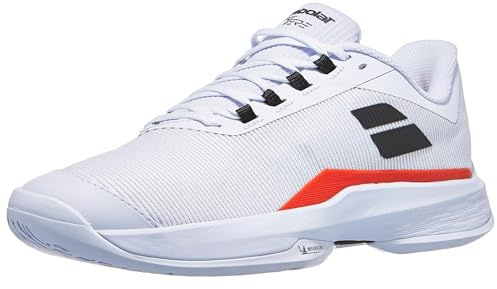Babolat, Jet Tere All Court Herren-Tennisschuhe, Halt, Dämpfung, Active Flexion-Technologie, atmungsaktive Ortholite-Sohle, französische Marke – Weiß/Strike Red, Größe EU 42