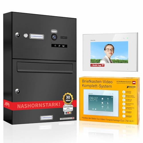 AL Briefkastensysteme Smart Home Briefkasten mit Videosprechanlage 1 Familienhaus Komplettsystem Balter EVO 7+WiFi - Briefkasten anthrazit RAL 7016 pulverbeschichtet Aufputz Wandmontage mit App