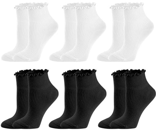 APOMOONS 6 Pairs Women's Frilly Ruffle Turn Cuff Ankle Socks, White Double Needle Solid Color Lace Edge Breathable Cotton Warm Soft Casual Crew Socks