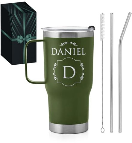 Maverton Mug Isotherme Gravé Vert 0,6l en Acier Inoxydable avec Paille et Boîte - chaud 6h/froid 10h - Cadeau Homme Personnalisé - Cadeau anniversaire homme