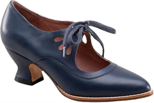 Women's Mary Jane Pumps Vintage Chunky Heel Lace Up High Heel Ladies Hollow Pointed Toe Dress Shoes for Daily(Azul,7.5 UK)
