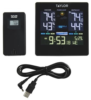 Taylor Digital Wireless Deluxe Indoor Outdoor Thermometer, Weather Station Forecaster, Calendar with Clock, Easy-to-Read Display for Home, Office, Greenhouse, Nursery, and Indoor Areas, LCD, Black