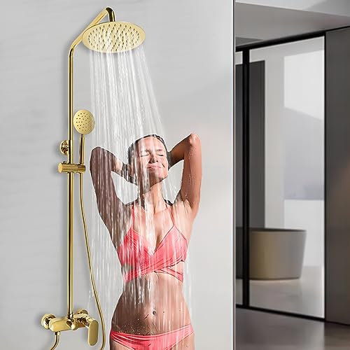 OUKANING Duschsystem Regendusche Gold - 3 Sprühmodi Duschsäule mit Kopfbrause und Handbrause Duscheset ohne Armatur 81-113cm Höhenverstellbar Überkopfbrauseset für Badzimmer