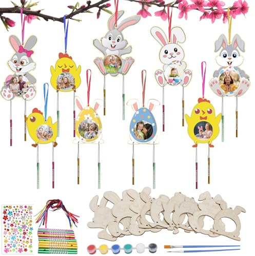 HONMOK 9 Stück Ostern Fotorahmen Windspiel Bastelset Kinder Ostern Basteln Holz Ostereier Osterküken Osterhasen Bilderrahmen zum Basteln und Bemalen DIY Bastelhandwerk für Osterdeko Frühling