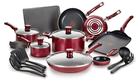 T-fal Essence, 20 Piece Non-Stick pots and Pans Cookware Set, Red