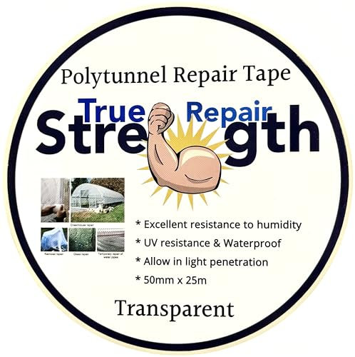 TSR True strength repair waterproof polytunnel repair tape clear polythene super strong flexible long lasting seal for greenhouse polytunnel pond liner inflatable tent repair 50mm x 25m