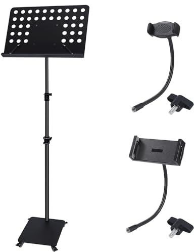 Zreephy Professional Orchestra Tall Sheet Music Stand with Wheels - 35.8~78 Adjustable Height Metal Music Book Stand Holder For Keyboard Wind String Instruments Players - With Accessories