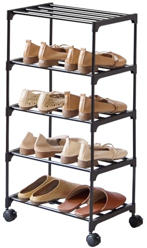 XIANGLV Schuhregal Schmal 5 Ebenen und Rollen, Abnehmbares Schuhregals Metall, Platzsparendes Schuhregal Klein, Rostschutzbeschichtung für Eingangsbereich, Küche, Wohnzimmer und Büro