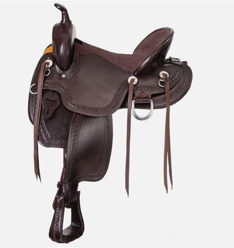 Hulara Westernsattel aus echtem Leder, geschnitzt, bequemer Sitz, Größe 40,6 cm, Westernsattel für Pferde, Fass-Rennsattel