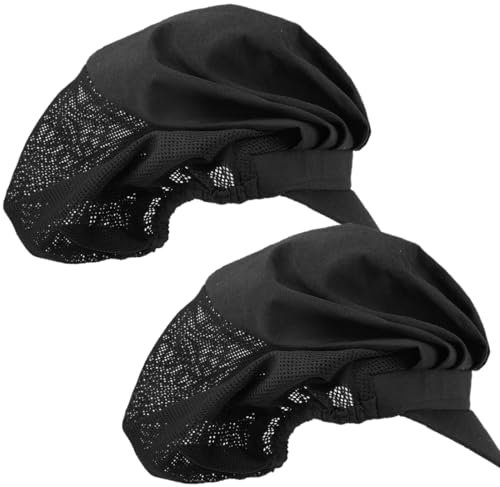 CULEO Gorros de cocina desechables Pack de 2 gorros de chef, gorro de panadero, gorro de chef, gorro de servicio de alimentos, redecilla para el pelo, unisex, con ala (negro)