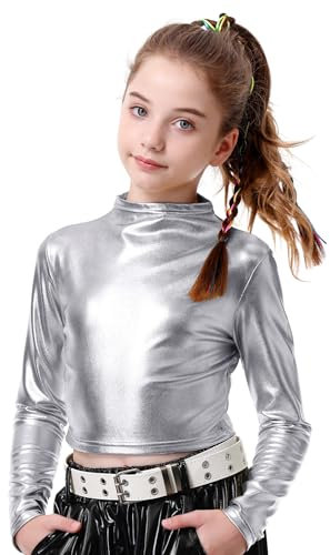 LOLANTA Girls Metallic Cropped Top Half Turtleneck, Sparkly Shiny Dance Shirt for Hip Hop, Disco, Stage & Party Wear, Silver, 10-11 Years, 150