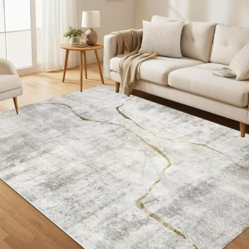 ROSURUG Deco Chambre Ado Fille Gris Clair Decoration Table 130X190CM Conception Simple de la Ligne d'or Confortable résistant au Froid Lavable